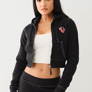 Women’s True Religion Shruken Zip Up Hoodie Big T, Black, Medium